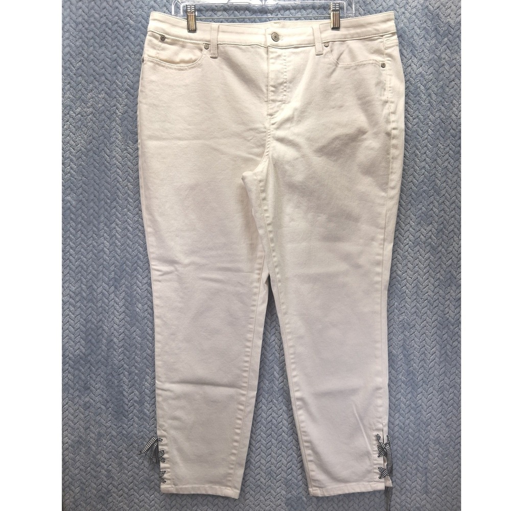 Talbots Flawless Slim Ankle Jeans White Gingham Lace Up Hem Size 16 Ivory Denim